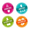 Set of Allergen free Badges. Corn free, GMO free, Alcohol free, Caffeine free. Vector hand drawn Signs. Can be used for packaging