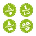 Set of Allergen free Badges. Corn free, GMO free, Alcohol free, Caffeine free. Vector hand drawn Signs. Can be used for packaging Royalty Free Stock Photo