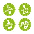 Set of Allergen free Badges. Corn free, GMO free, Alcohol free, Caffeine free. Can be used for packaging Design