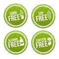 Set of Allergen free Badges. Corn free, Soy free, Alcohol free, Caffein free. Vector hand drawn Signs. Can be used for packaging D Royalty Free Stock Photo