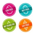 Set of Allergen free Badges. Egg free, Nut free, No Trans Fat, Soy free Royalty Free Stock Photo