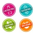 Set of Allergen free Badges. Lactose free, Gluten free, Sugar free, 100% Vegan. Vector hand drawn Signs.