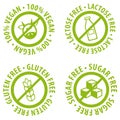 Set of Allergen free Badges. Lactose free, Gluten free, Sugar free, 100% Vegan. Vector hand drawn Signs. Can be used for packaging Royalty Free Stock Photo