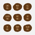 Set of allergen free stickers. GMO, soy, meat, egg, gluten, nut, fat, dairy, sugar.