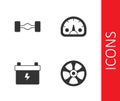 Set Alloy wheel for car, Chassis, Car battery and Speedometer icon. Vector