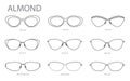 Set of Almond frame glasses fashion accessory illustration. Sunglass front view for Men, women, unisex silhouette