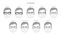 Set of Almond frame glasses for men fashion accessory illustration. Sunglass front view unisex silhouette style, flat