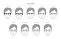 Set of Almond frame glasses on women fashion accessory illustration. Sunglass front view for Men silhouette style, flat