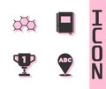 Set Alphabet, Chemical formula, Award cup and Book icon. Vector
