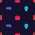 Set Alphabet, Speech bubbles with Question, Briefcase and Exam sheet on seamless pattern. Vector