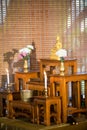 set of altar table, buddha statue placed on the altar table in hall room Royalty Free Stock Photo