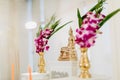 Set of altar table in wedding hall. stage for place the Buddha statue for pray and worship before begin the Buddha ceremony. Royalty Free Stock Photo