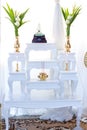 Set of altar table in wedding hall. stage for place the buddha statue for pray and worship before begin the Buddha ceremony. image Royalty Free Stock Photo