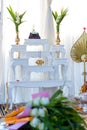 Set of altar table in wedding hall. stage for place the buddha statue for pray and worship before begin the Buddha ceremony. image Royalty Free Stock Photo