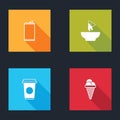 Set Aluminum can, Nachos plate, Coffee cup and Ice cream waffle cone icon. Vector