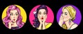 Set of amazed women in pop art style.Gossip girls with wow face.