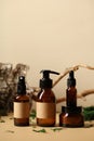 Set of amber glass cosmetic bottles with labels. Tree branch, bark birch, moss on background. SPA natural organic beauty products