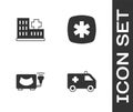 Set Ambulance car, Hospital building, Ultrasound and Emergency - Star of Life icon. Vector