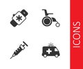 Set Ambulance car, Smart watch with heart, Syringe and Wheelchair for disabled person icon. Vector