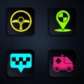 Set Ambulance and emergency car, Steering wheel, Map pointer with taxi and Map pointer with taxi. Black square button