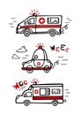 Set ambulance is in a hurry to help. Cute childrens illustration in Scandinavian style. Lettering siren sounds. Hand