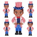 Set of American African Boys Portrait Celebrating 4th Of July Independence Day with Costume, Wearing Uncle Sam Hat Vector Royalty Free Stock Photo