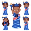 Set of American African Girls Portrait Celebrating 4th Of July Independence Day with Costume, Statue of Liberty Vector Royalty Free Stock Photo