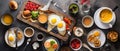 Set of American breakfast food with aesthetic arrangement, top view. Royalty Free Stock Photo