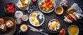 Set of American breakfast food with aesthetic arrangement, top view. Royalty Free Stock Photo