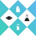Set American Football ball, Sport bottle with water, Household chemicals and Test tube and flask icon. Vector