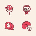 Set American football helmet, Tourist binoculars, Medal with star and Coin money dollar icon. Vector Royalty Free Stock Photo