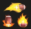 Set of american football or rugby balls flaming on a black background. Sport equipment with fire.