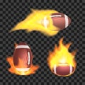 Set of american football or rugby balls flaming on a transparent background. Royalty Free Stock Photo