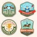 Set of american football, soccer, polo and horse riding club embroidery patch. Vector. Sticker design with soccer Royalty Free Stock Photo