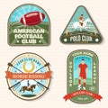 Set of american football, soccer, polo and horse riding club embroidery patch. Vector. Sticker design with soccer Royalty Free Stock Photo