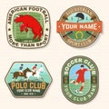 Set of american football, soccer, polo and horse riding club embroidery patch. Vector. Sticker design with soccer Royalty Free Stock Photo