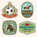 Set of american football, soccer, polo and horse riding club embroidery patch. Vector. Sticker design with soccer Royalty Free Stock Photo