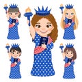 Set of American Girl Portrait Celebrating 4th Of July Independence Day with Costume, Statue of Liberty Vector Royalty Free Stock Photo