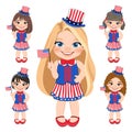 Set of American Girls Portrait Celebrating 4th Of July Independence Day with Costume, Holding Flags Vector Royalty Free Stock Photo