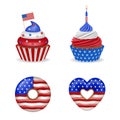 Set of american independence day sweets. isolated cupcakes and donuts with america flag colors.