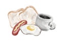 Set of American traditional breakfast includes coffee grilled bread sausage fried egg sunny side up painting in oil brush stroke Royalty Free Stock Photo