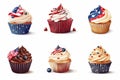 Set of American vanilla sweet cupcake in color USA flag on white background. Food for Patriotic Independence Day 4th of