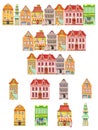 Set of 8 Amsterdam Old Houses Cartoon Facades. Design Resources Royalty Free Stock Photo