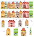 Set of 8 Amsterdam old houses cartoon facades. Traditional architecture of Netherlands. Colorful flat isolated illustrations in Royalty Free Stock Photo