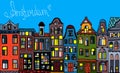Set Amsterdam old houses cartoon facades. Traditional architecture of Netherlands. Colorful vector illustrations in the Dutch Royalty Free Stock Photo