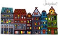 Set Amsterdam old houses cartoon facades. Traditional architecture of Netherlands. Colorful vector illustrations in the Dutch Royalty Free Stock Photo