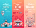 Set of Amusement park landscape banners with carousels, Royalty Free Stock Photo