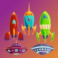 Set amusing spaceships and UFOs Royalty Free Stock Photo