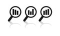Set of analytic icon. Finance monitoring. Analysis and statistics data sign. Magnifying glass with bar graph.