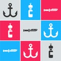 Set Anchor, Bottle of water and Camping knife icon. Vector